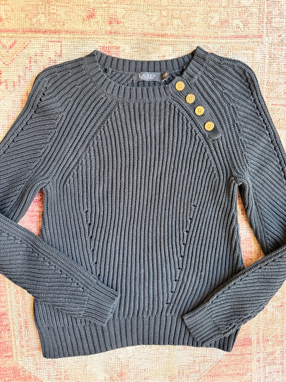 Lauren Ralph Lauren Charcoal Gray Ribbed Crewneck Sweater with Button Accent